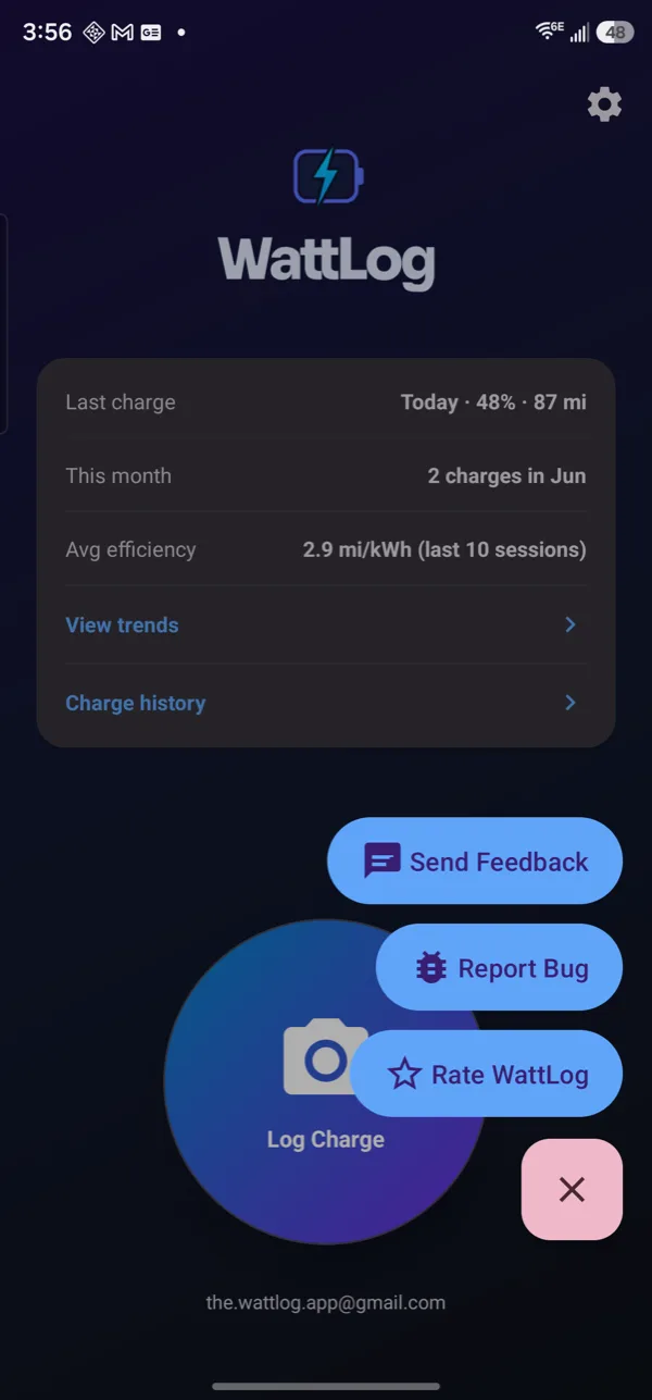 Shake menu in the WattLog app with Send Feedback, Report Bug and Rate WattLog options